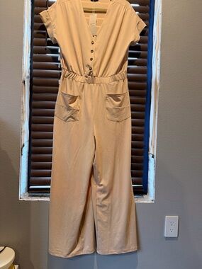 Beige Short-Sleeve Wide-Leg Jumpsuit
